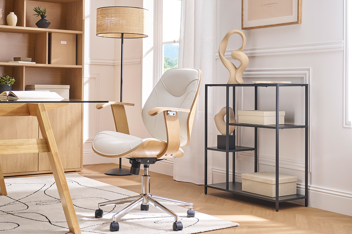 Silla de escritorio moderna blanca y madera clara YORKE