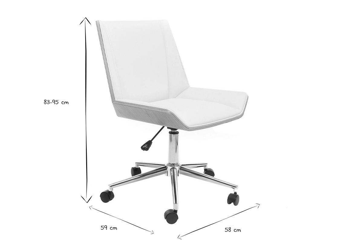 Dimensiones de la silla de oficina MELKIOR en negro y blanco, altura 83-95 cm, ancho 58 cm, profundidad 59 cm.