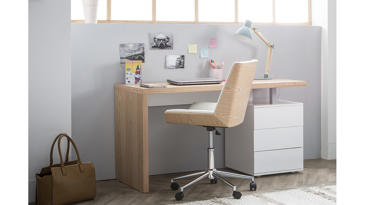 Silla de escritorio moderna PU negra y madera clara MELKIOR