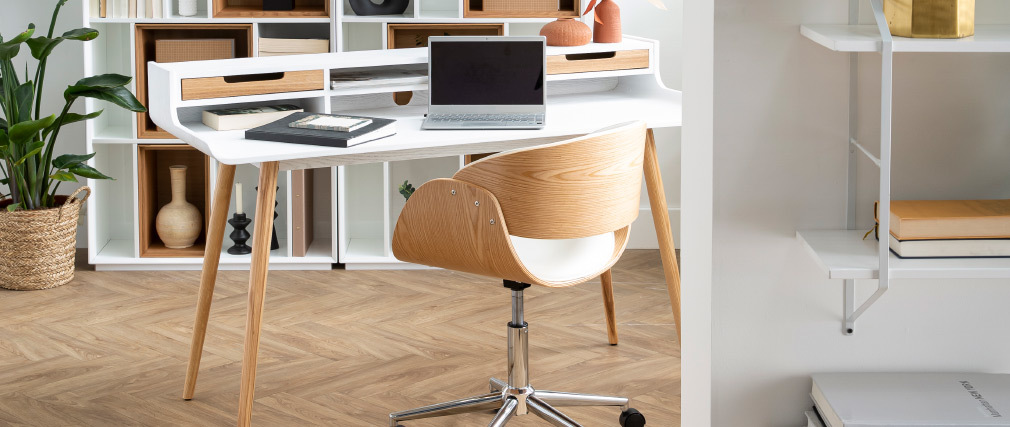 Silla de escritorio nogal y blanco con ruedas BENT