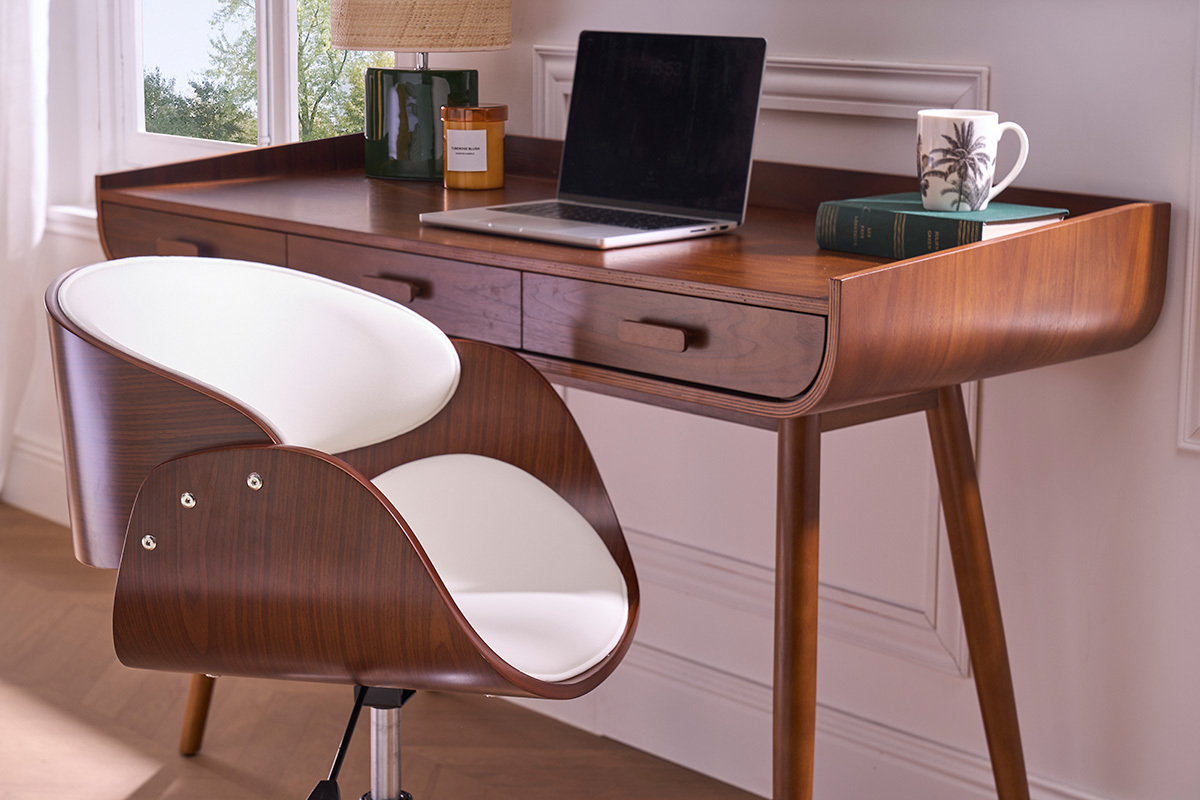 Silla de escritorio nogal y blanco con ruedas BENT