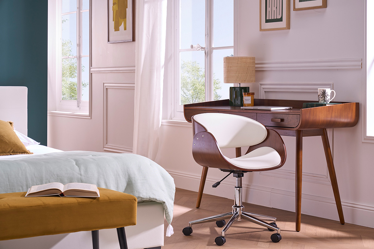 Silla de escritorio nogal y blanco con ruedas BENT