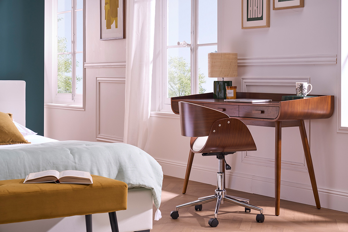 Silla de escritorio nogal y blanco con ruedas BENT