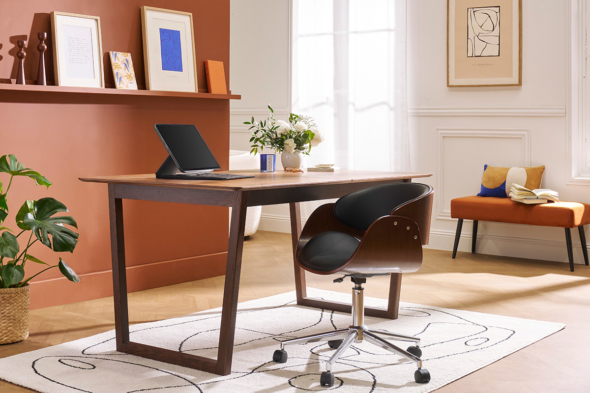 Silla de escritorio nogal y negro con ruedas BENT