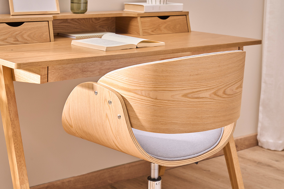 Silla de escritorio tejido gris claro y madera clara con ruedas BENT