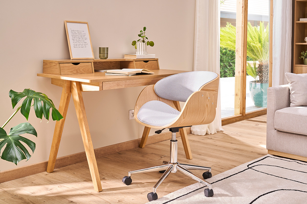 Silla de escritorio tejido gris claro y madera clara con ruedas BENT