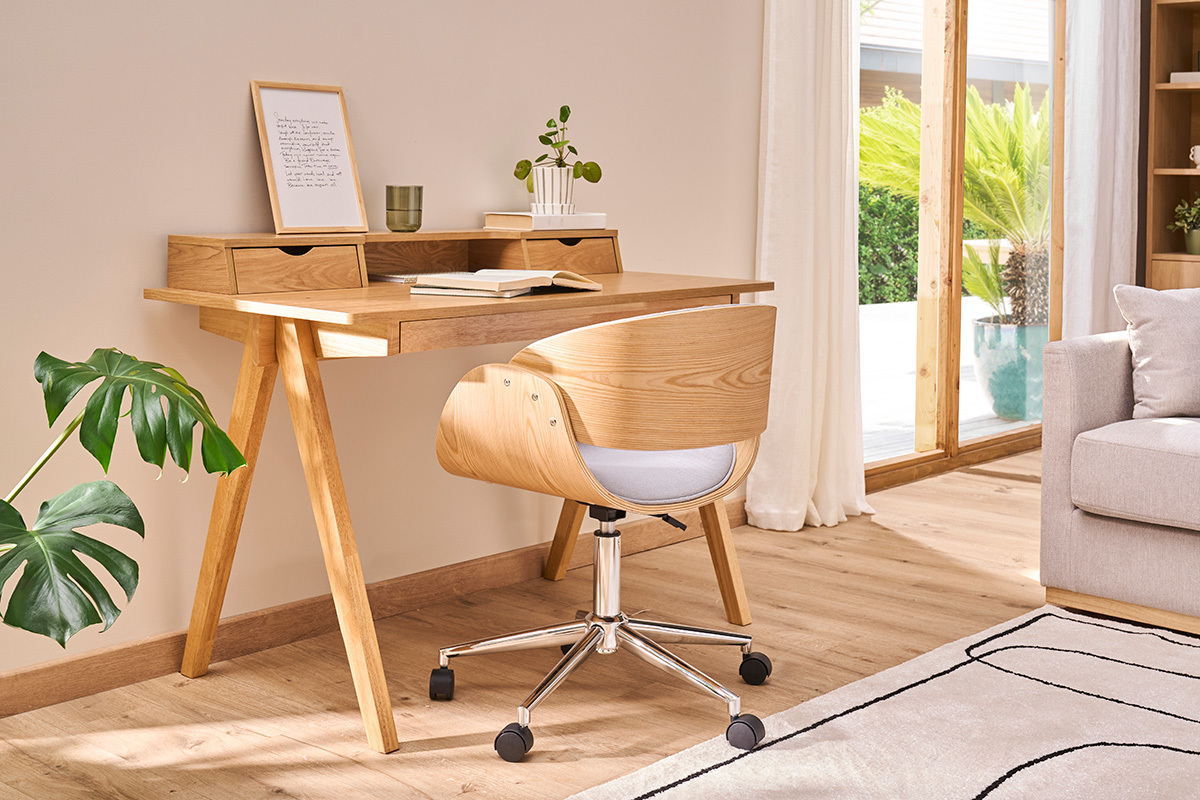Silla de escritorio tejido gris claro y madera clara con ruedas BENT