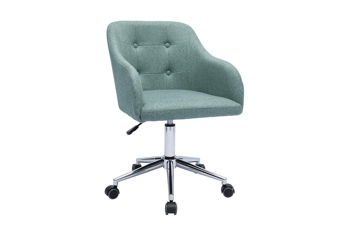 Silla de oficina capiton con ruedas de tela efecto terciopelo texturizado verde gris y metal cromado BALTIK