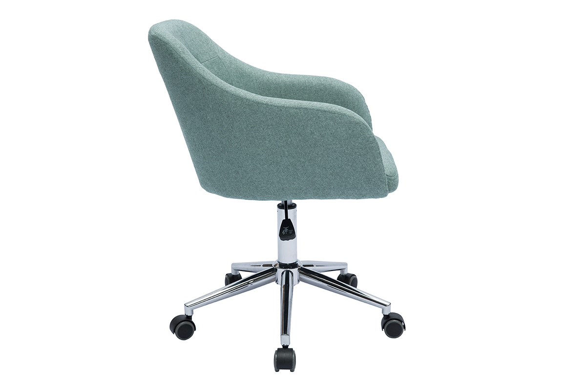 Silla de oficina capiton con ruedas de tela efecto terciopelo texturizado verde gris y metal cromado BALTIK