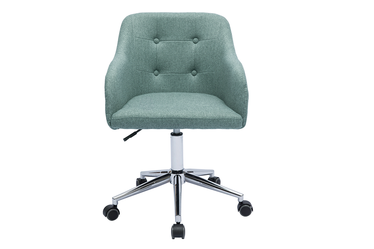 Silla de oficina capiton con ruedas de tela efecto terciopelo texturizado verde gris y metal cromado BALTIK