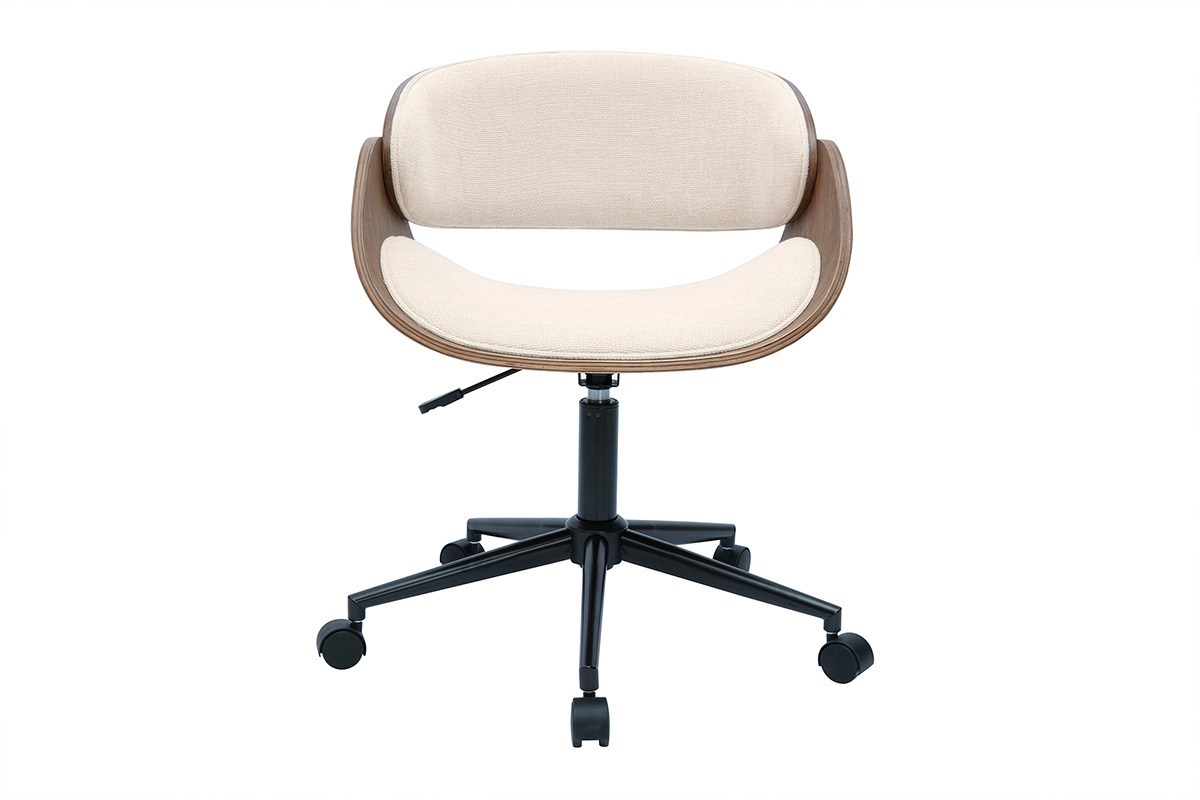 Silla de oficina con ruedas de diseño en madera oscura y tela de terciopelo beige BENT