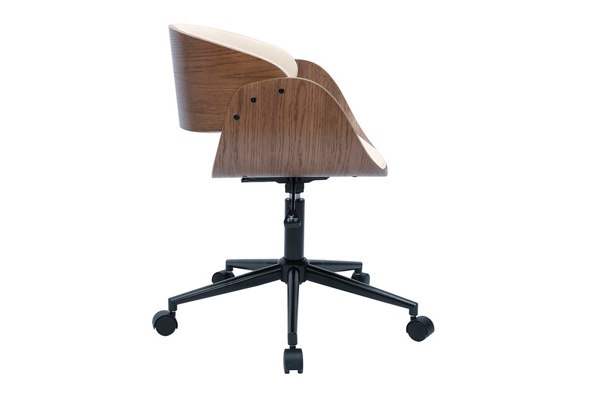 Silla de oficina con ruedas de diseño en madera oscura y tela de terciopelo beige BENT