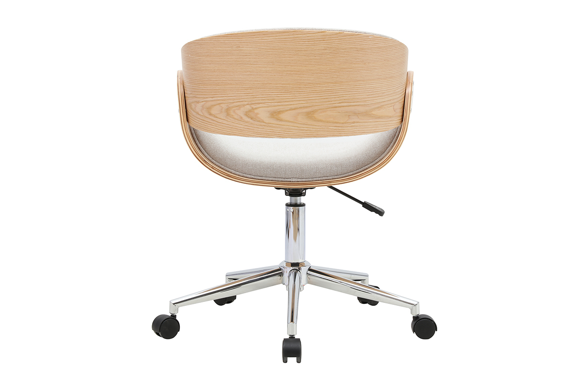 Silla de oficina BENT en tejido beige, respaldo de madera clara, base cromada, vista trasera.