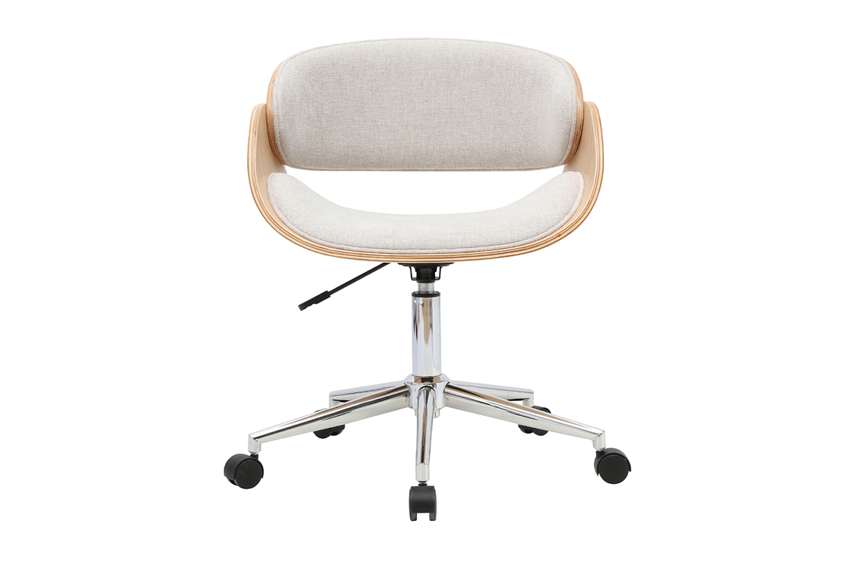 Silla de oficina de dise�o con ruedas, tela beige, madera clara y acero cromado, vista frontal