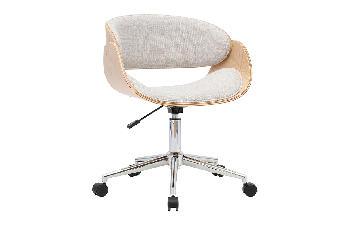 Silla de oficina con ruedas de dise�o depurado, tela beige y madera clara, vista en 3/4.