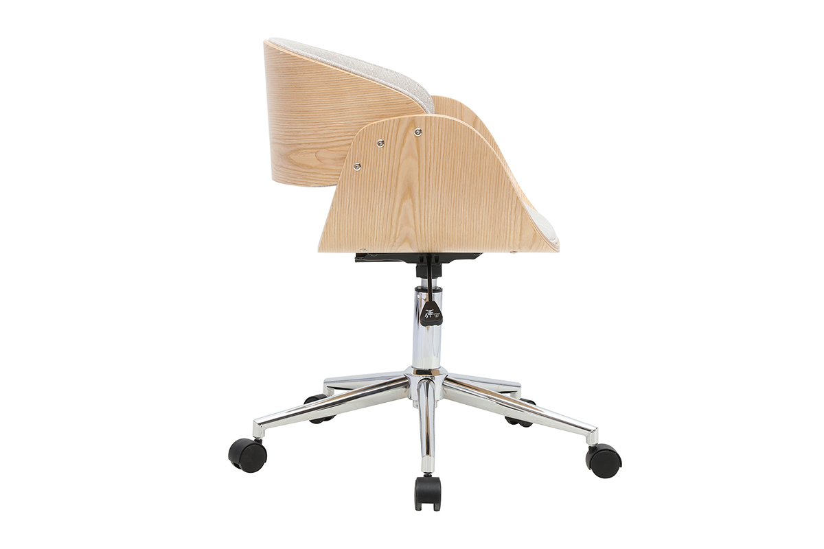 Silla de oficina BENT vista de lado, en tejido beige y madera clara, sobre ruedas.