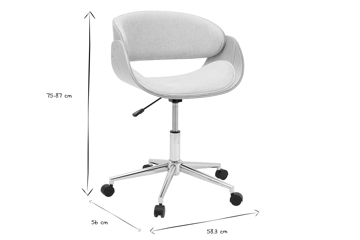Dimensiones de la silla de oficina BENT en negro y blanco, altura 75-87 cm, anchura 58,3 cm, profundidad 56 cm.