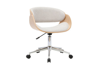 Silla de oficina con ruedas de dise&ntilde;o en tejido efecto terciopelo texturizado beige, madera clara y acero cromado BENT