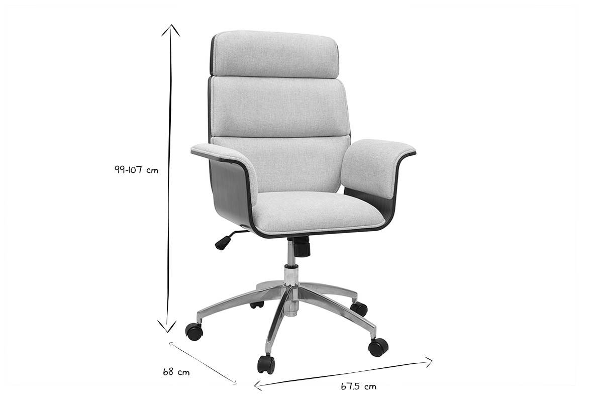 Silla de oficina con ruedas ELON, dimensiones indicadas en blanco y negro.
