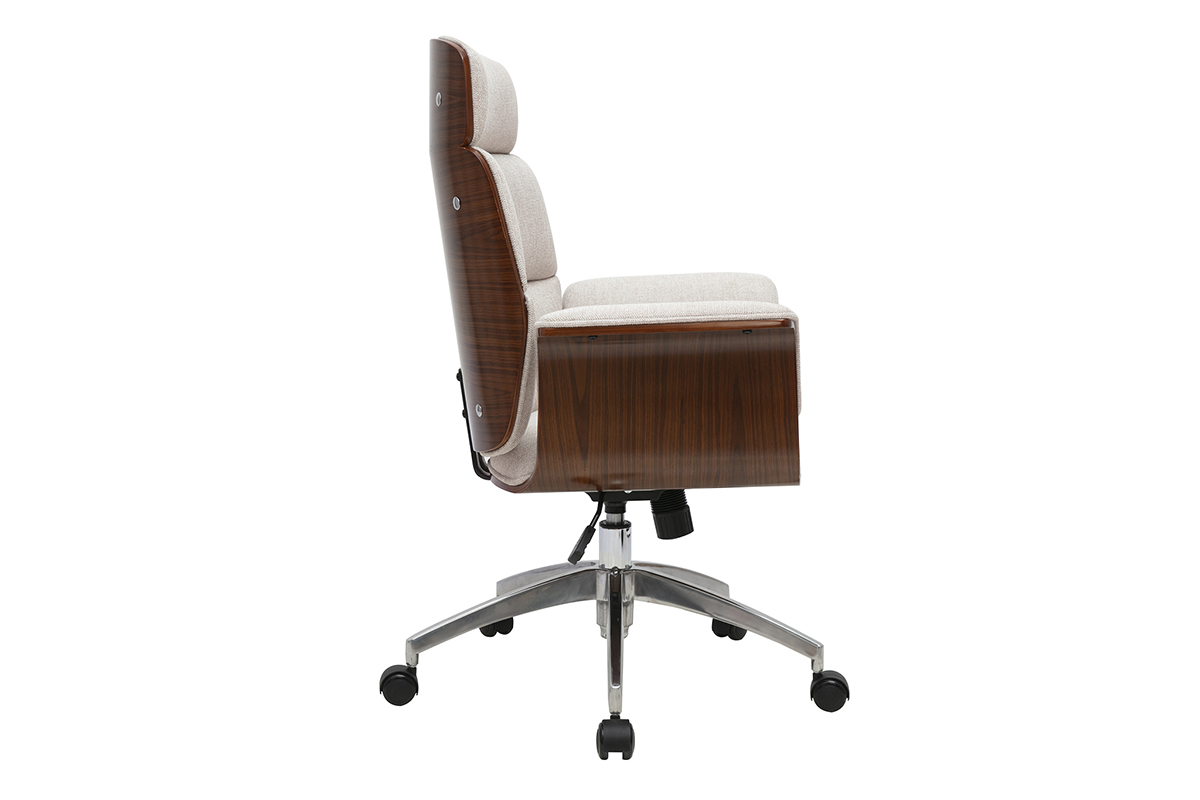 Silla de oficina ELON de perfil, tela beige, madera oscura, ruedas y acero cromado.
