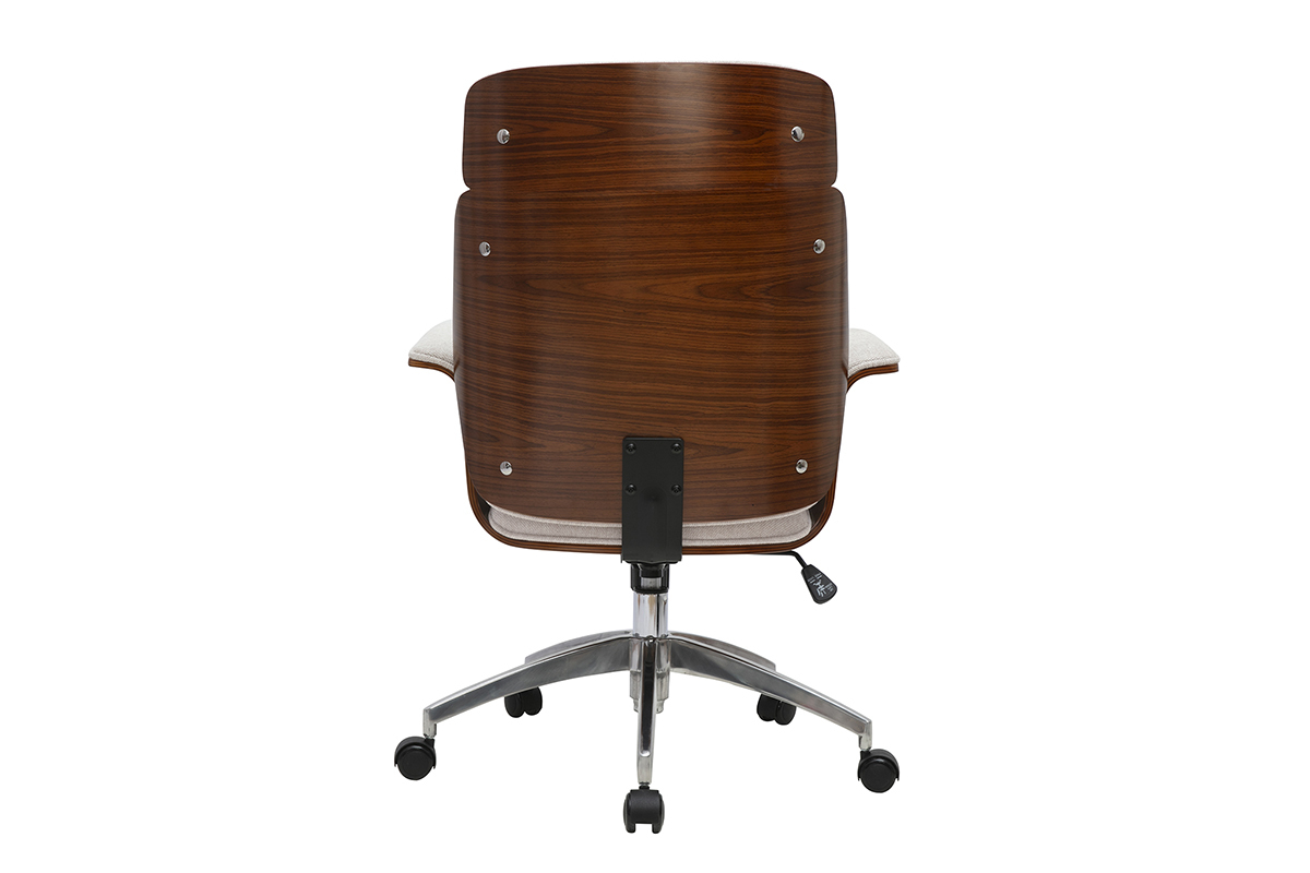 Silla de oficina ELON con ruedas, vista trasera en madera oscura y acero cromado.