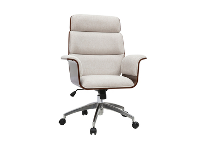 Silla de oficina con ruedas de dise&ntilde;o en tejido efecto terciopelo texturizado beige, madera oscura y acero cromado ELON