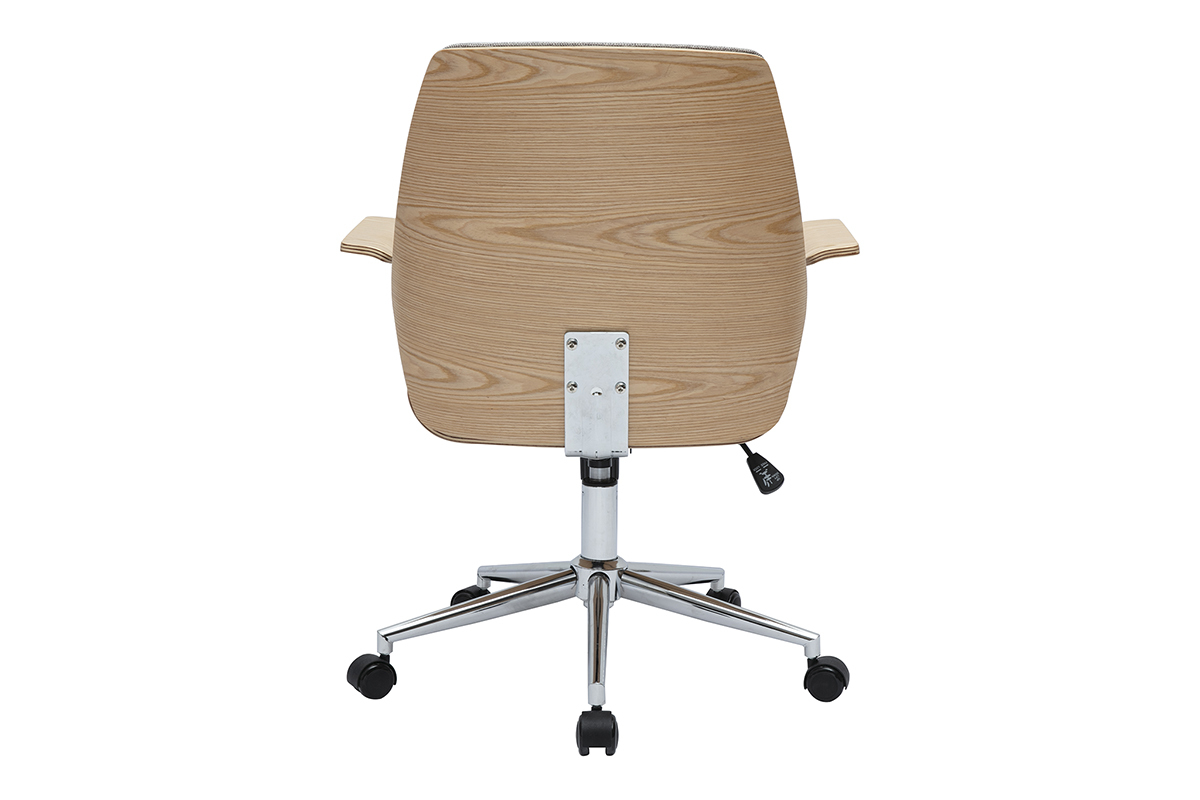 Silla de oficina RUFIN vista trasera, madera clara, pie cromado y ruedas.