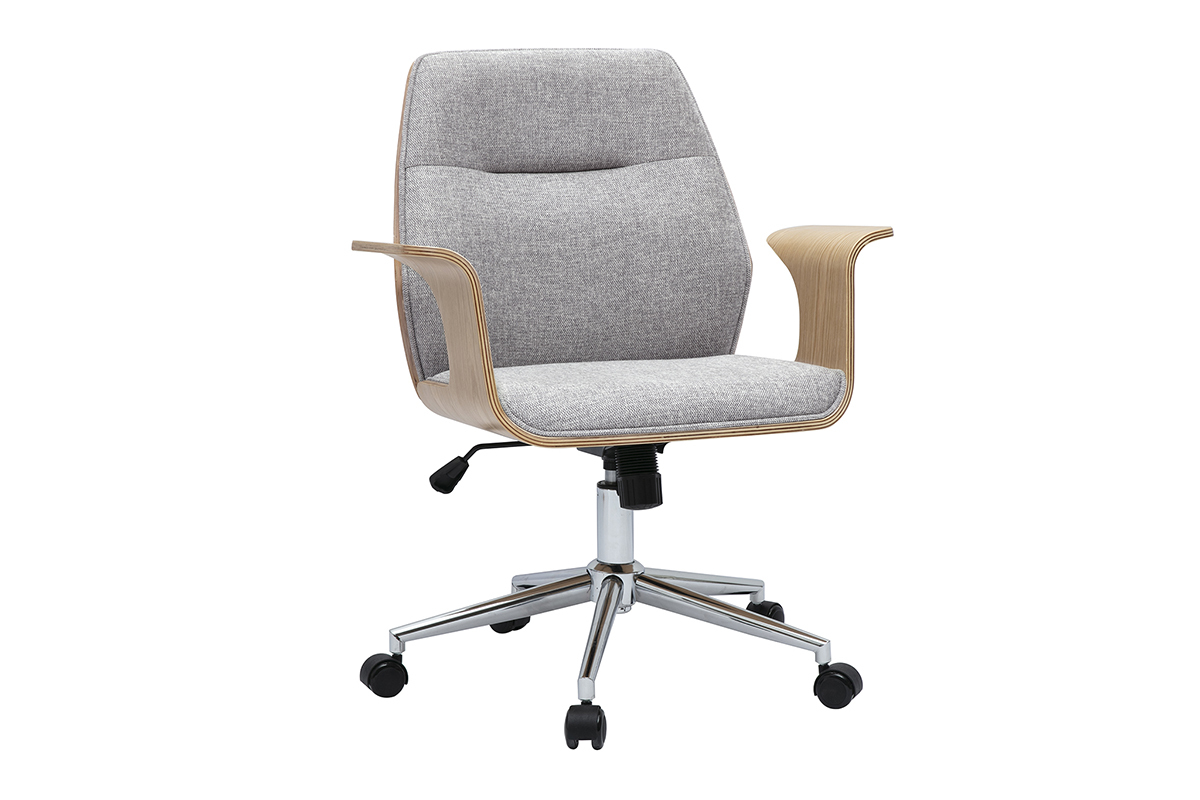 Silla de oficina de dise�o gris en tela efecto terciopelo, madera clara, acero cromado, vista de 3/4.