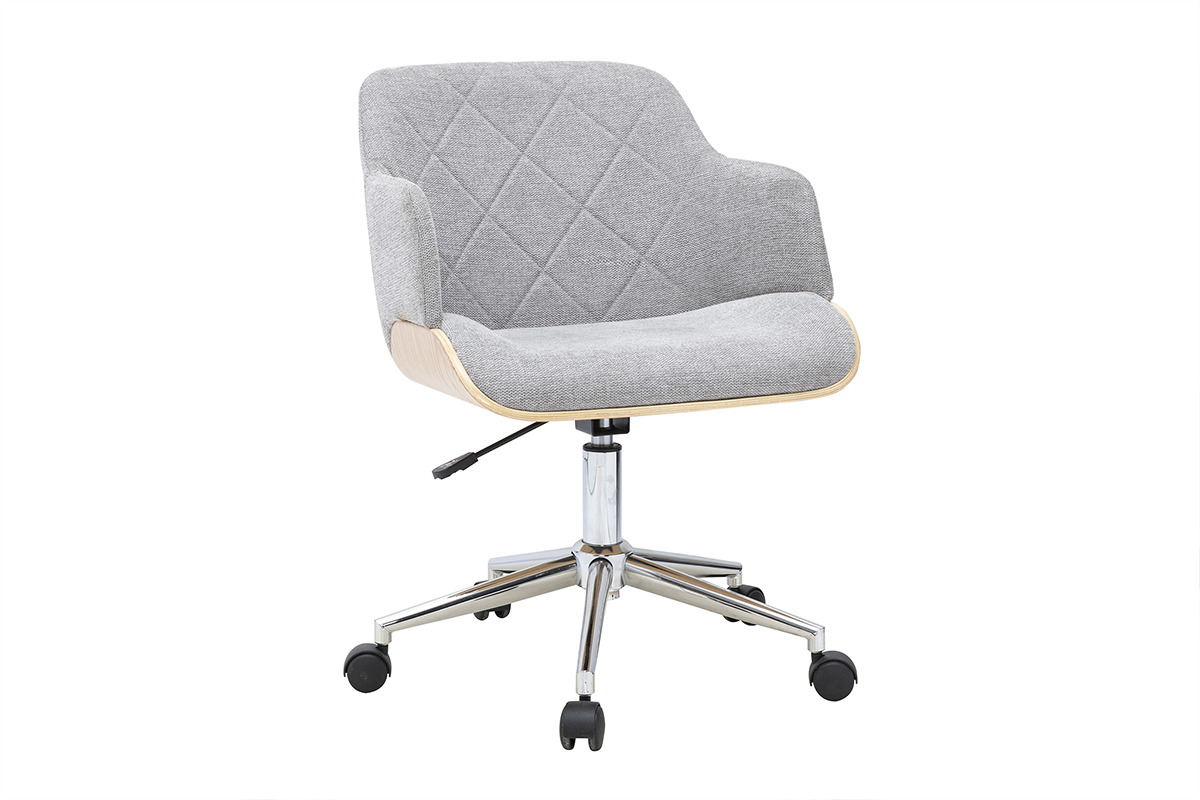 Silla de oficina con ruedas de dise�o en tejido efecto terciopelo gris, vista de 3/4.