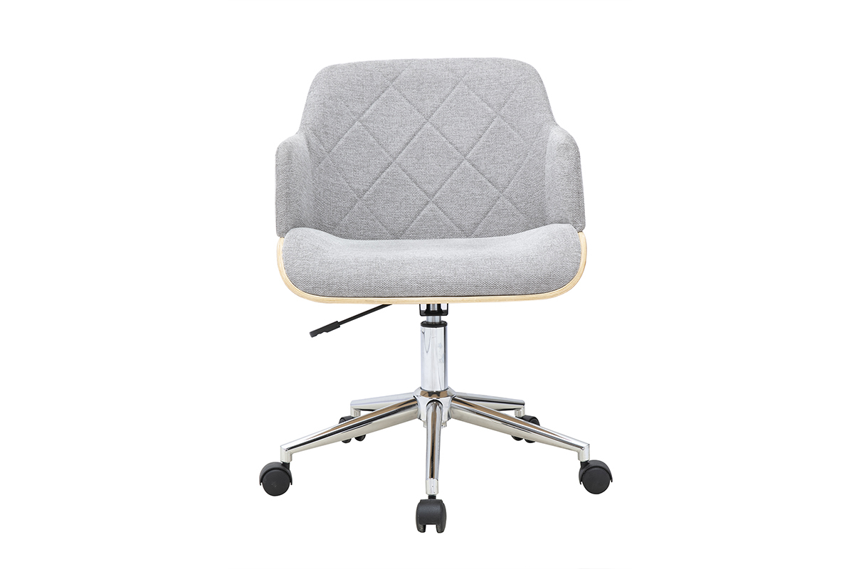 Silla de oficina SANDRO con ruedas en tejido gris, vista frontal, con reposabrazos de madera clara y base de acero cromado.