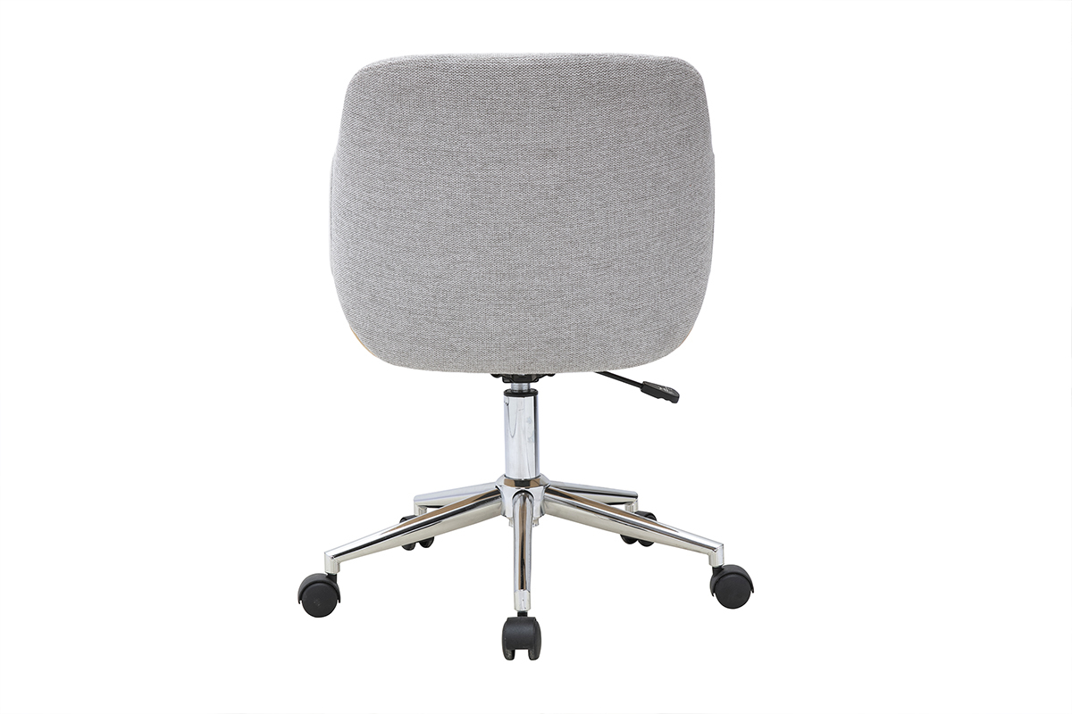Silla de oficina con ruedas gris, vista trasera, con respaldo curvado y base de acero cromado.