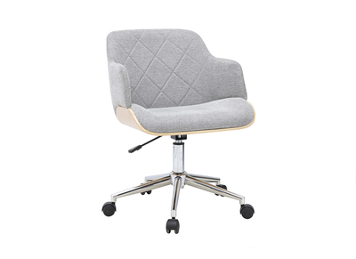 Silla de oficina con ruedas de dise&ntilde;o en tejido efecto terciopelo texturizado gris, madera clara y acero cromado SANDRO