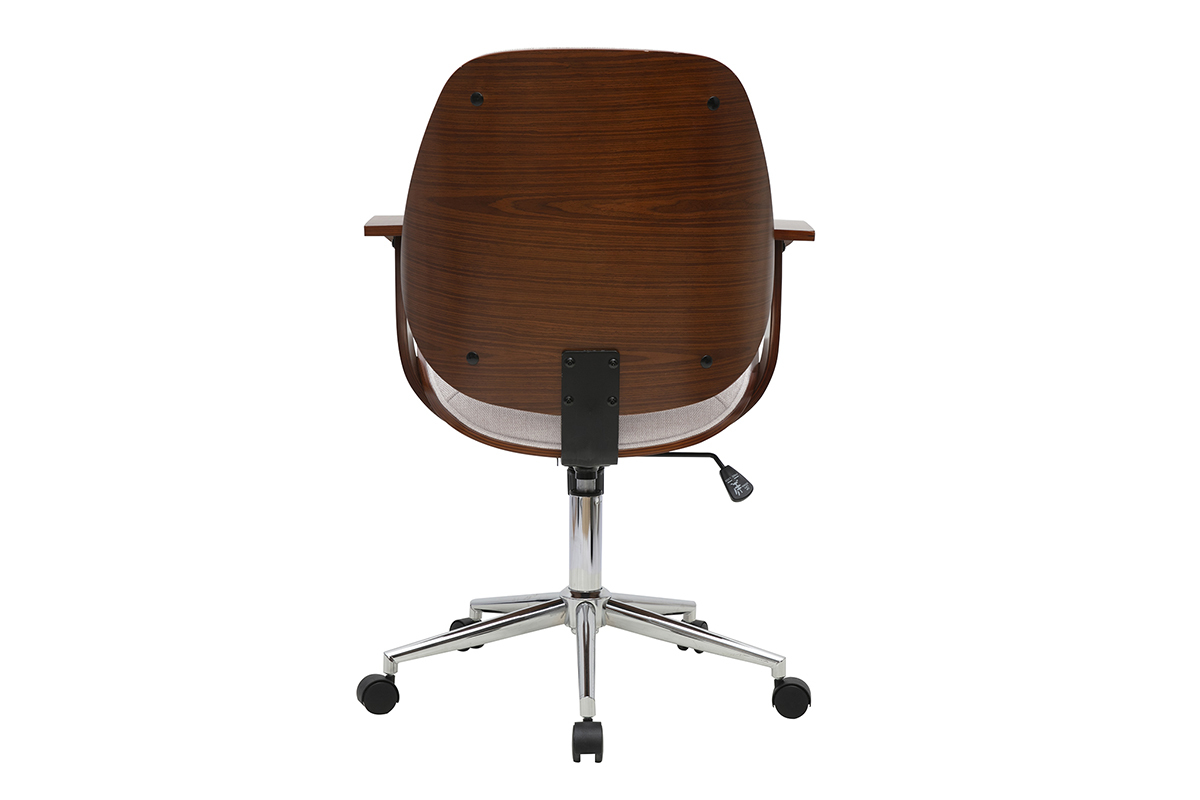 Silla de oficina con ruedas vista desde atr�s, madera oscura y acero cromado.