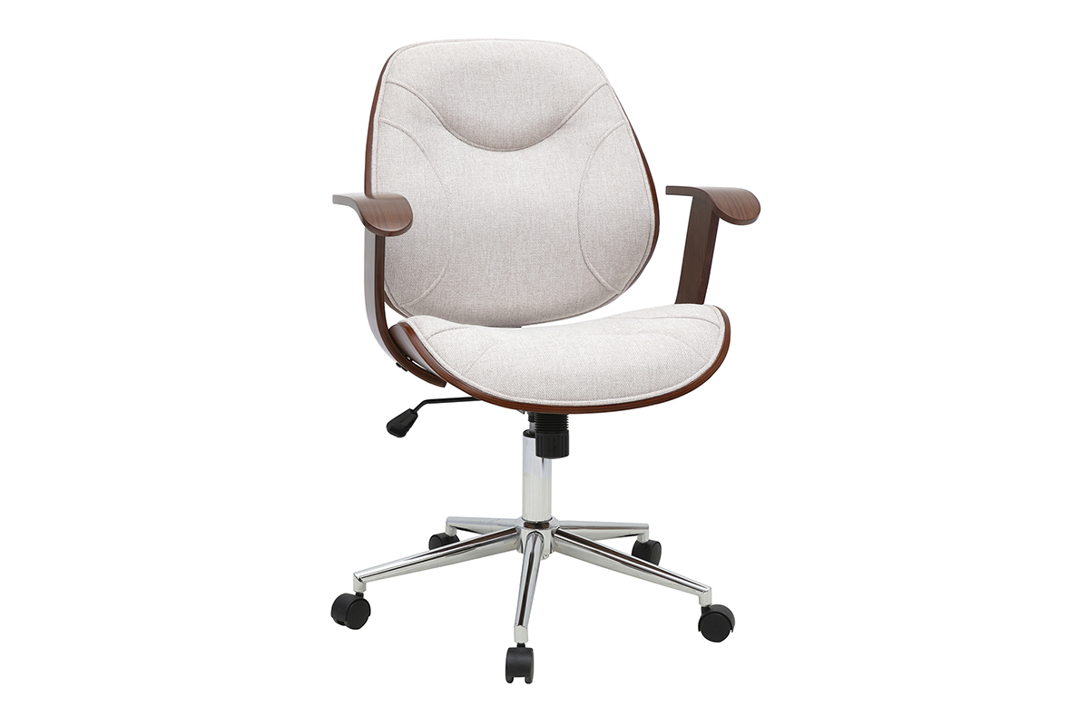 Silla de oficina beige con ruedas de tela y madera, vista de 3/4.