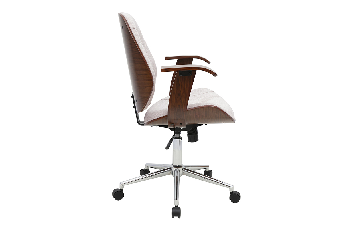 Silla de oficina YORKE beige de perfil, con ruedas y estructura de madera oscura.