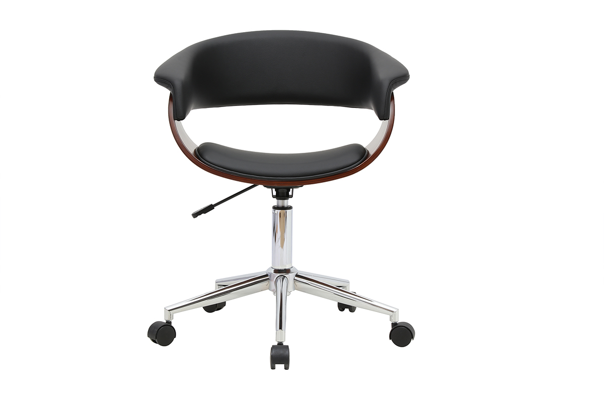 Silla de oficina con ruedas negra con reposabrazos, madera oscura y base de acero cromado, vista frontal.