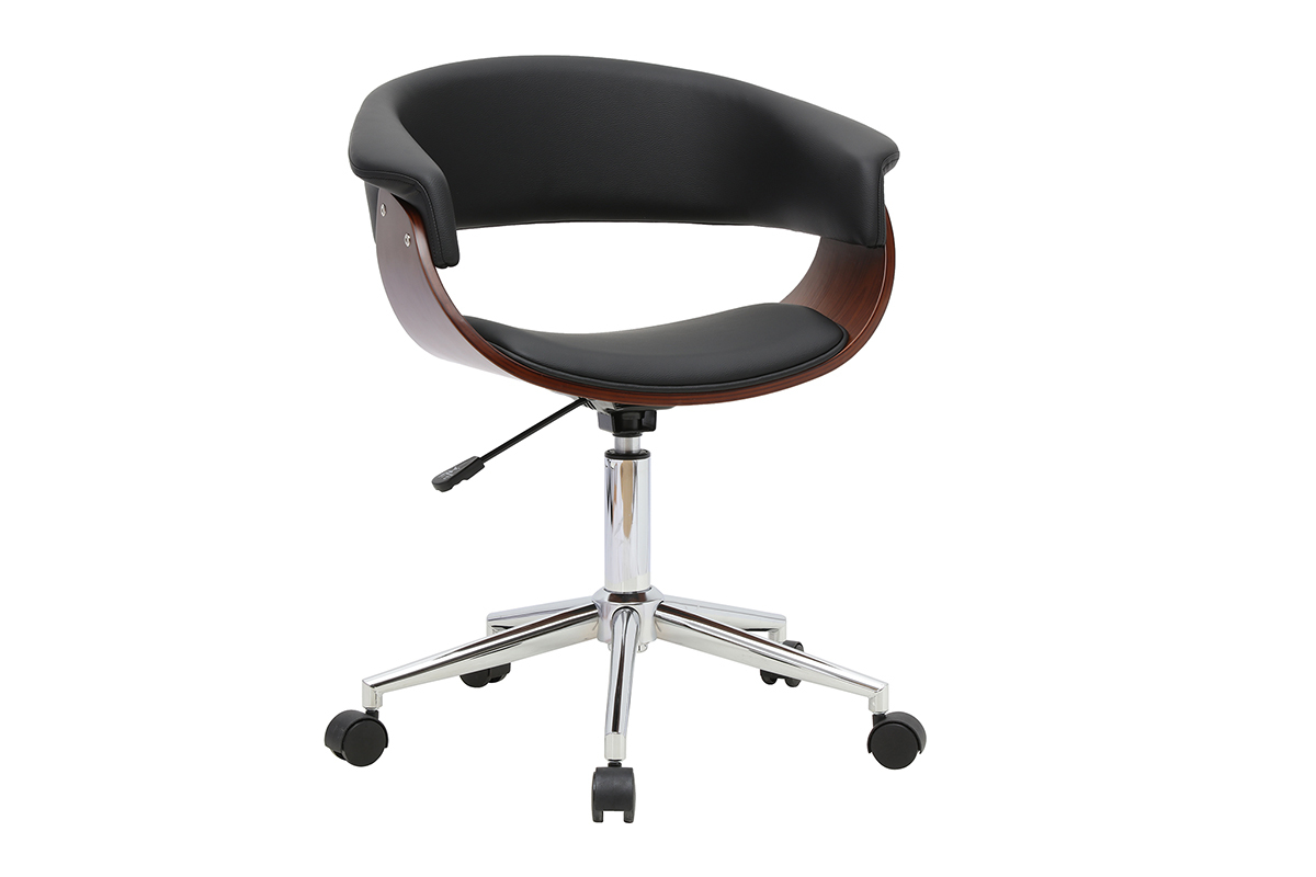 Silla de oficina con ruedas OKTAV, dise�o negro, madera oscura y acero cromado, vista de 3/4