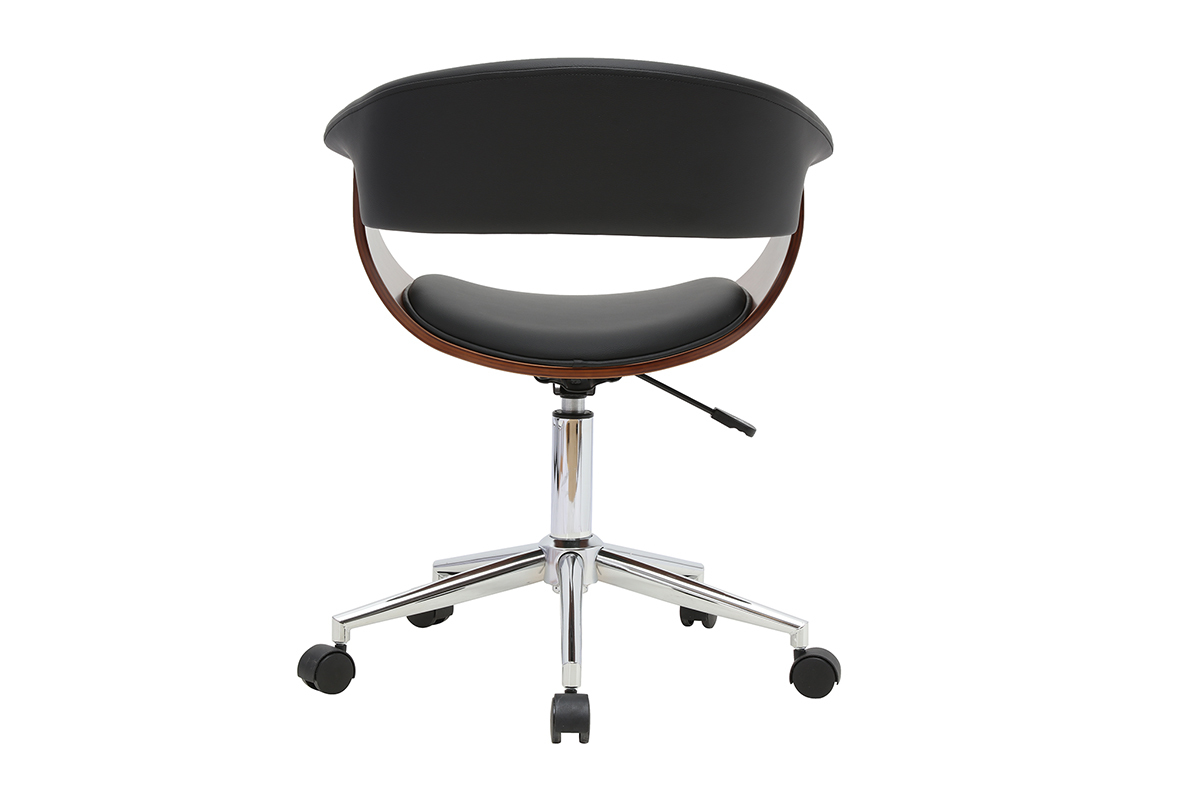 Silla de oficina con ruedas negra y madera oscura, vista trasera, con reposabrazos y base cromada