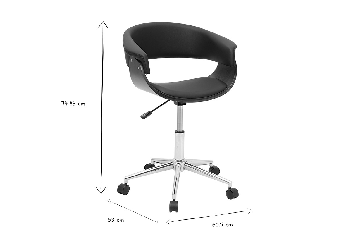 Dimensiones de la silla de oficina OKTAV en negro y blanco, altura 74-86 cm, ancho 53 cm, profundidad 60,5 cm.