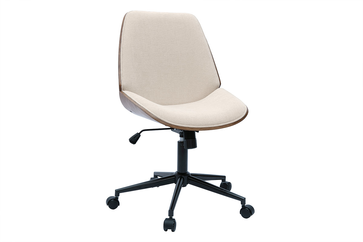 Silla de oficina con ruedas de madera y tela de terciopelo texturizado beige DOUGLAS
