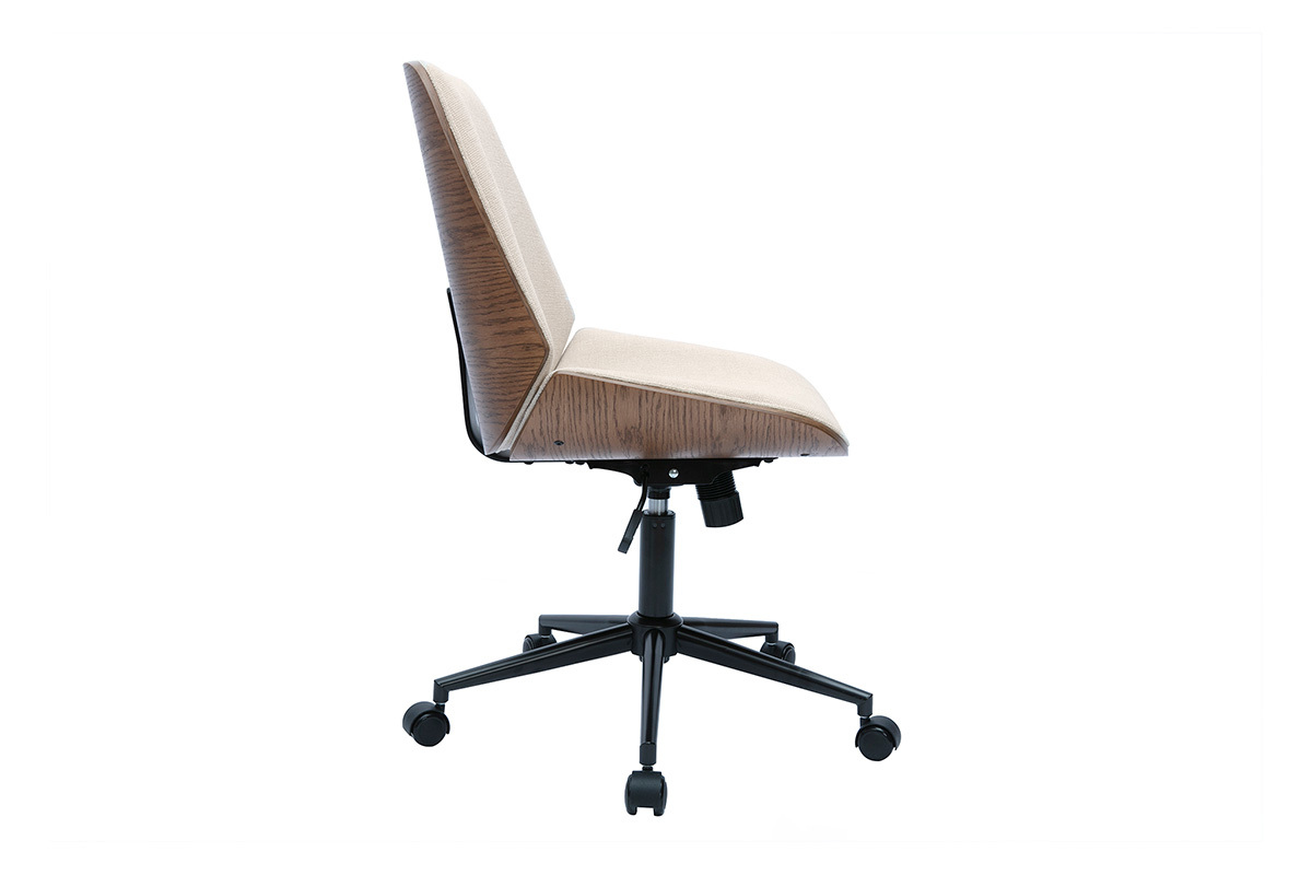 Silla de oficina con ruedas de madera y tela de terciopelo texturizado beige DOUGLAS