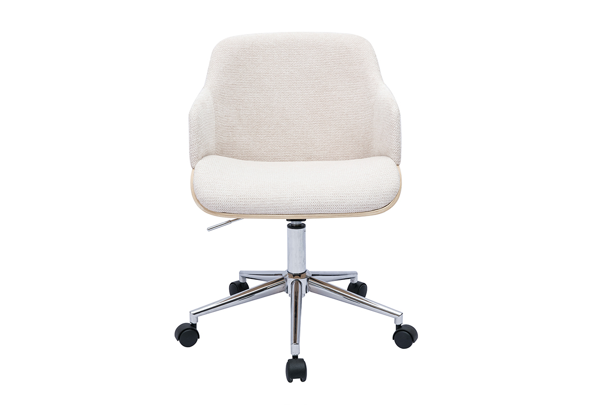 Silla de oficina con ruedas de tela chenilla beige, madera clara y metal cromado EARL