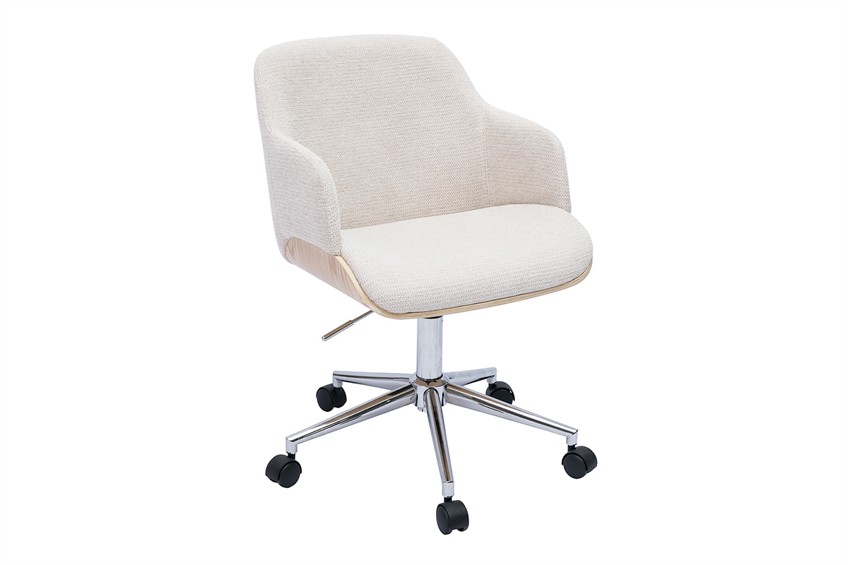Silla de oficina con ruedas de tela chenilla beige, madera clara y metal cromado EARL