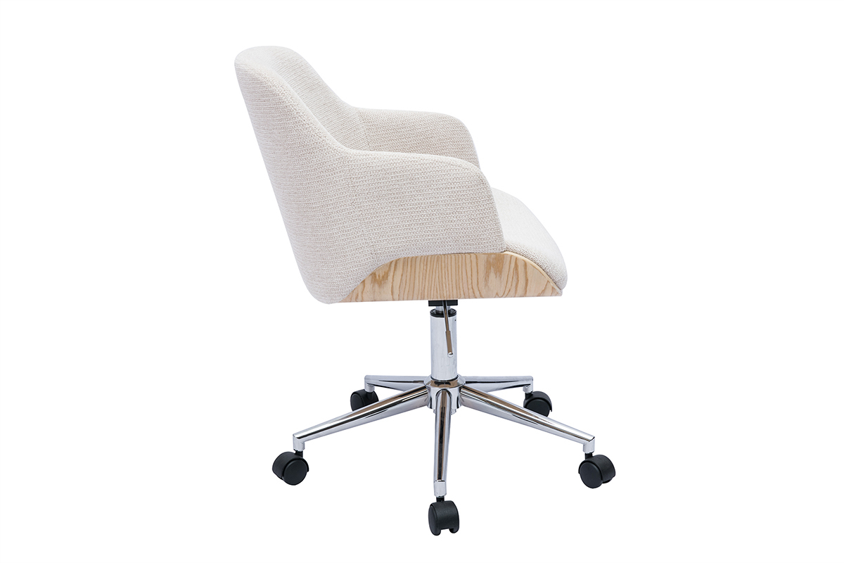 Silla de oficina con ruedas de tela chenilla beige, madera clara y metal cromado EARL