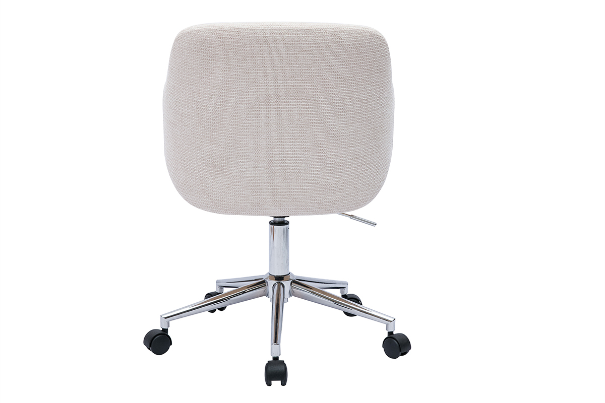 Silla de oficina con ruedas de tela chenilla beige, madera clara y metal cromado EARL