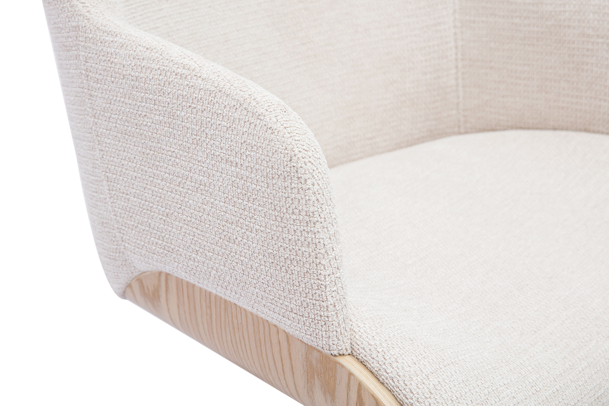 Silla de oficina con ruedas de tela chenilla beige, madera clara y metal cromado EARL