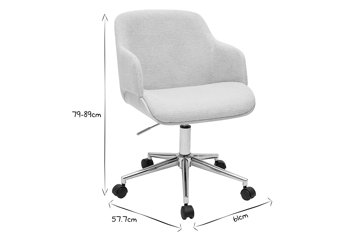 Silla de oficina con ruedas de tela chenilla beige, madera clara y metal cromado EARL