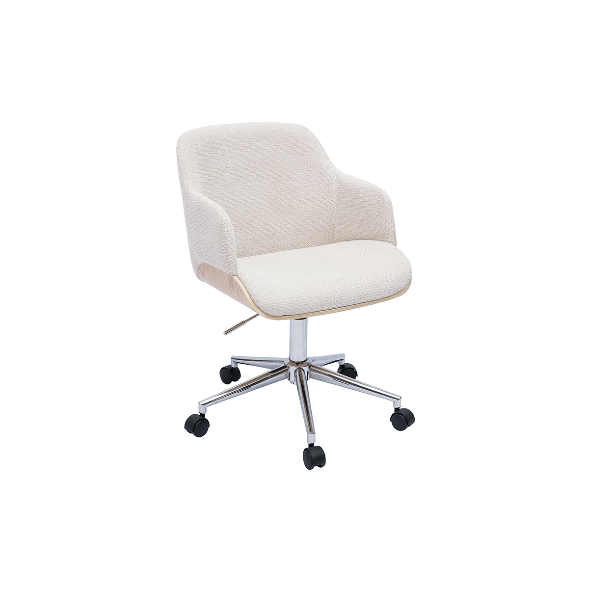 Silla de oficina con ruedas de tela chenilla beige, madera clara y metal cromado EARL