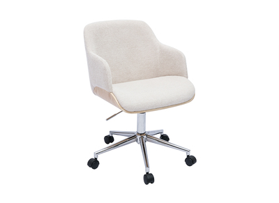 Silla de oficina con ruedas de tela chenilla beige, madera clara y metal cromado EARL
