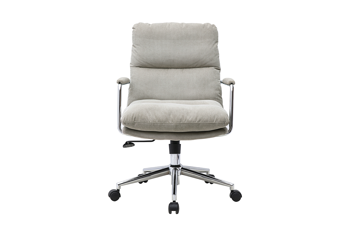 Silla de oficina con ruedas de pana topo y metal cromado, vista frontal.